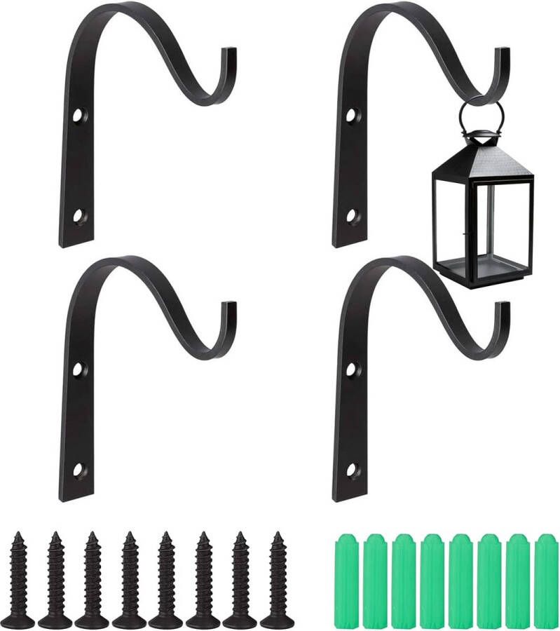 4 stuks plantenhouders ijzeren wandhaken bloemenhanghouder tuinhaken van ijzer voor bloemmanden plantenhangers lantaarns vogelhuisjes windgong (zwart)