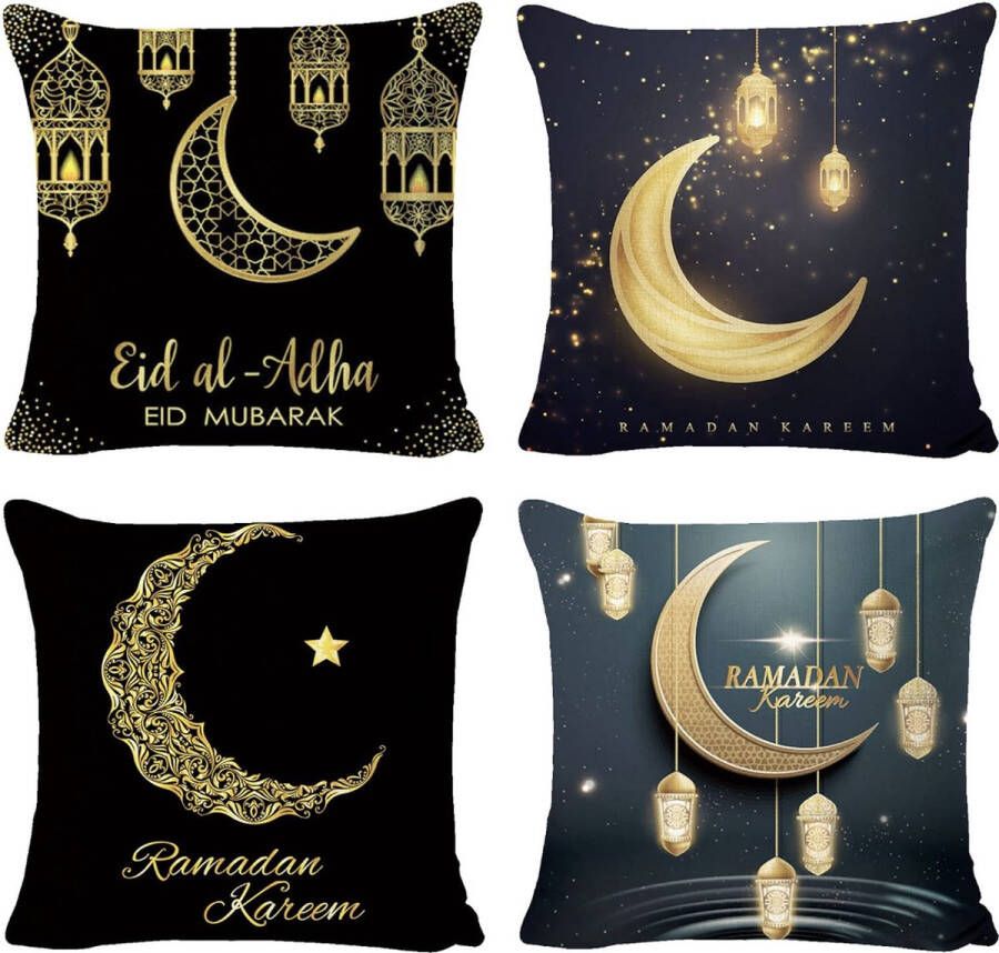 4 stuks Ramadan kussenhoezen decoratieve kussenhoezen met linnen 45 x 45 cm met maan- en lantaarnpatroon ideaal voor sierkussens op de bank of in de woonkamer perfecte decoratie voor Eid Mubarak