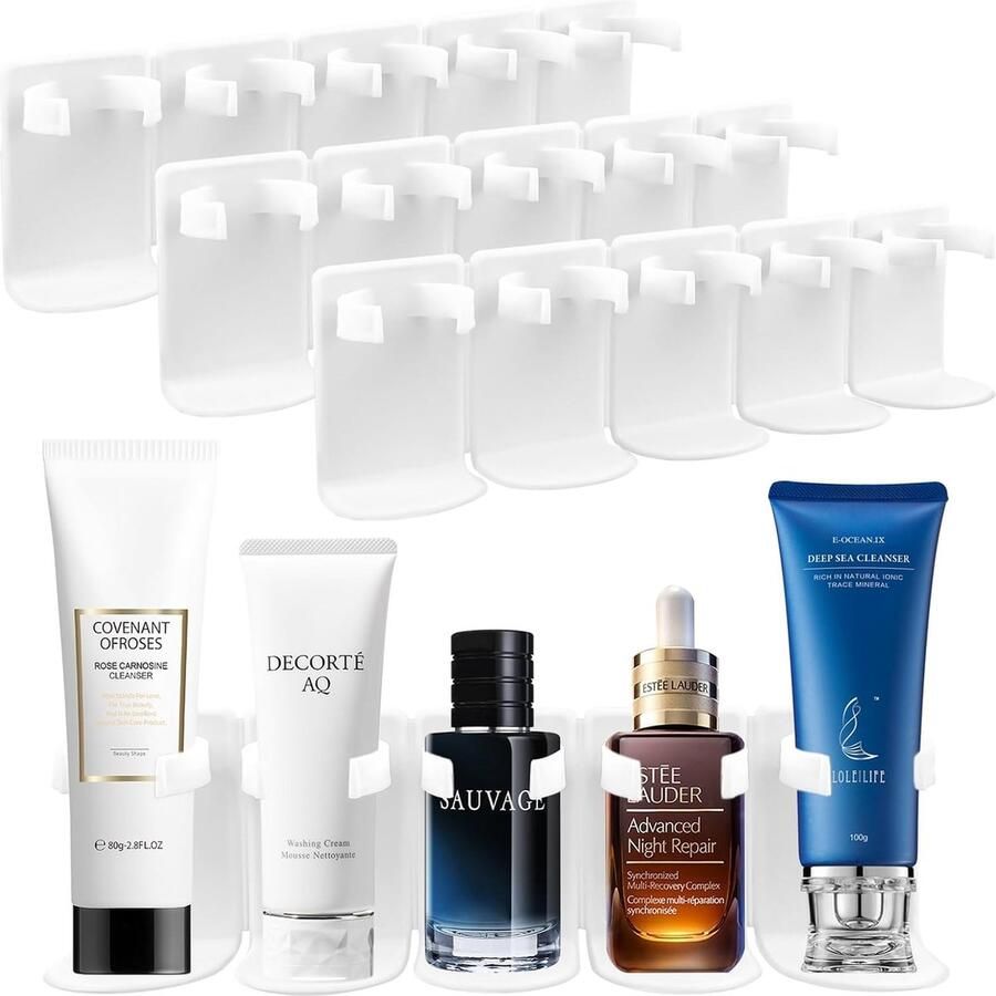 4 stuks rijen wandrek van kunststof stansvrij wandgemonteerde opbergrek zelfklevend afschuifbaar wandrek met 20 aparte opbergvakken voor keuken en badkamer