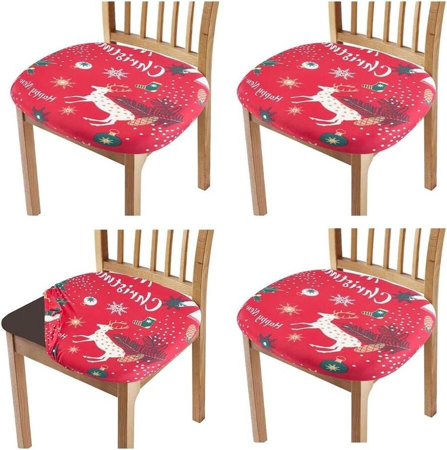 Rode eetkamerstoelhoezen wasbaar stretch design set van 4 stuks met sneeuwvlokkenmotief