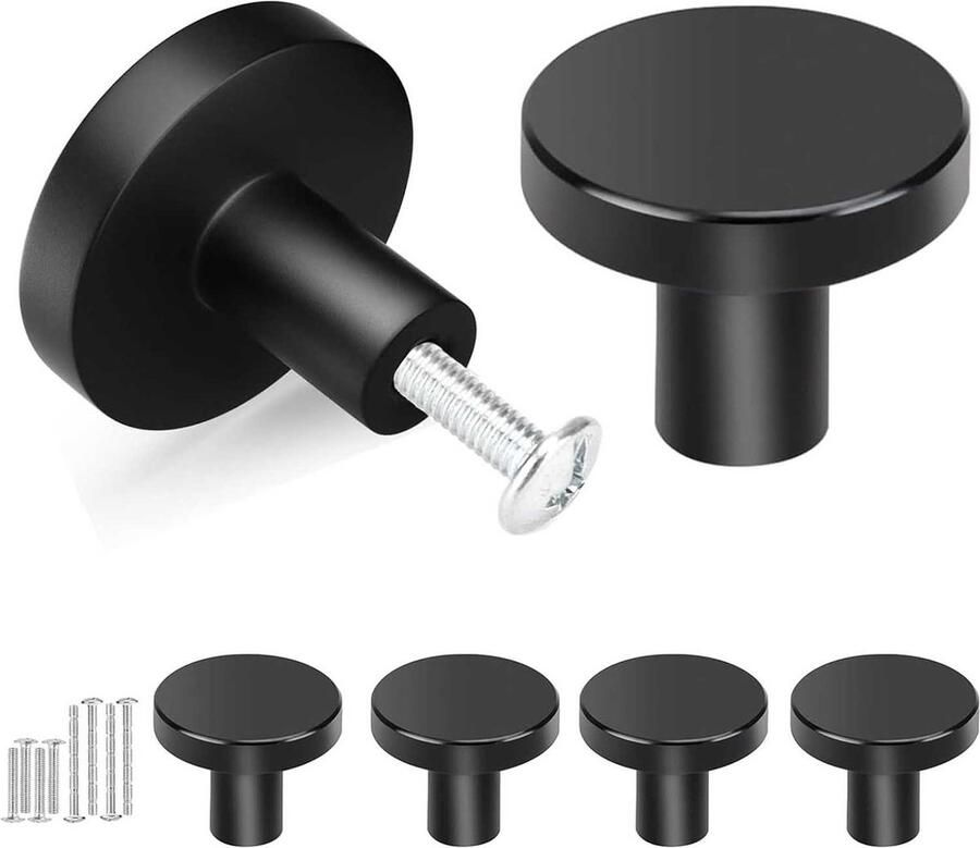 4 stuks RVS Meubelknoppen Zwarte kastknoppen 30 mm Moderne ronde deurknoppen Knoppen met schroeven Deurknoppen voor kasten Knoppen voor ladekasten Meubelknoppen voor keuken Kastknoppen voor kledingkast