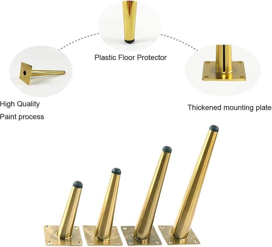 4 stuks schuine tafelpoten metalen kastpoten kegelmeubelpoten 201 roestvrij staal goud 25 cm hoog no-Slip Silent Base plaatsing voor banken tafels en andere meubelpoten