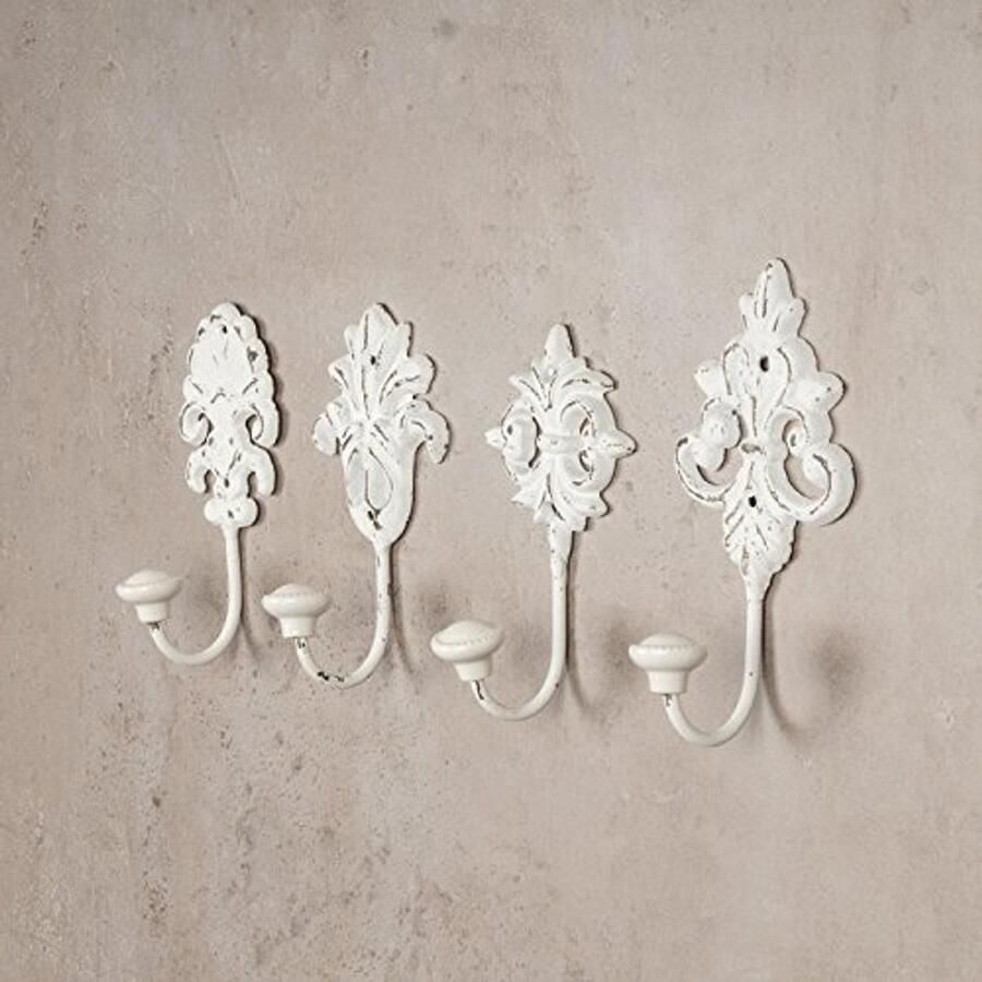 4 stuks Set van 4 wandhaken wit grijze kapstokhaken wandkapstok ijzer shabby chic landhuis vintage nostalgie antieke ornamenten barok