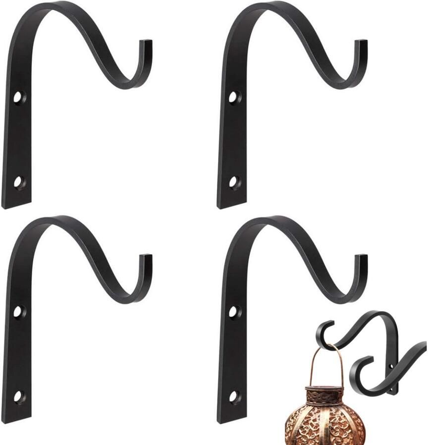 4 stuks Smeedijzeren haak om op te hangen 5 inch decoratieve wandhaak Muurbeugel Decoratieve haak voor tuinbloempot Voor het ophangen van lantaarns potten wandlampen zonnelampen kleine bloempotten en vogelhuisjes (zwart)