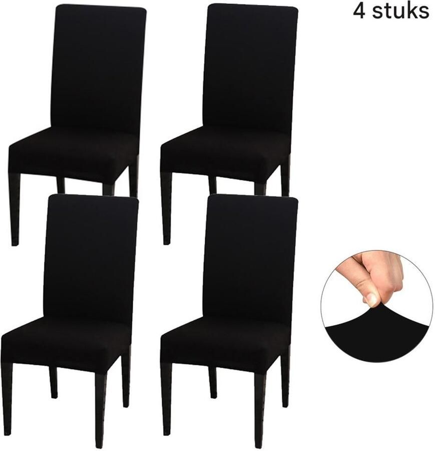 4 Stuks Stoelhoezen – Stretch Stoelhoes Eetkamer – Stoelhoezen voor Eetkamerstoelen – Afneembaar – Wasbaar – Voor Eetkamerstoelen – Zwart