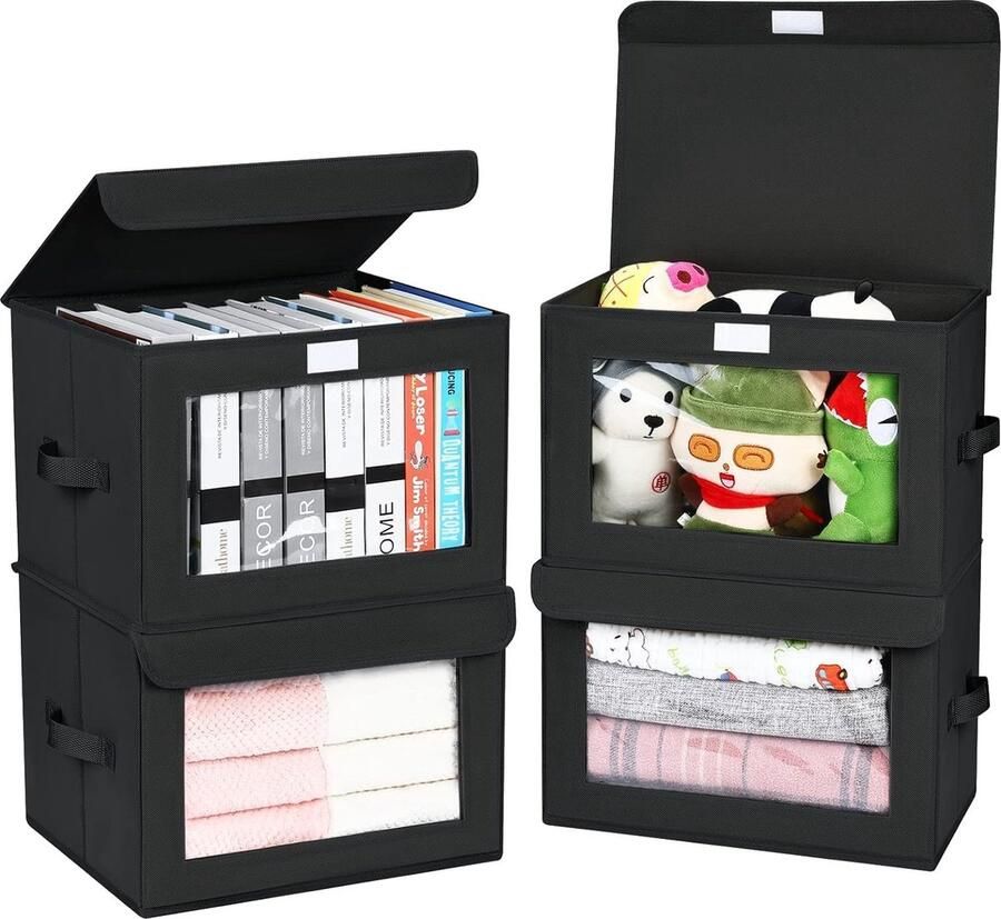 4 stuks stoffen opbergdozen opvouwbare opbergkist met transparant venster opbergdozen met deksel groot met handgrepen kledingkastorganizer voor kleding speelgoed zwart