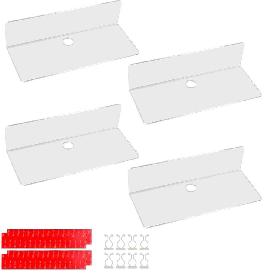 Allecto Plus Wandplanken van transparant acryl 23 x 95 cm Zwevende wandplanken Zwevend rek zonder boren 4 stuks Met 8 kabelclips Displayplank muur mini-rek voor kantoor badkamer keuken