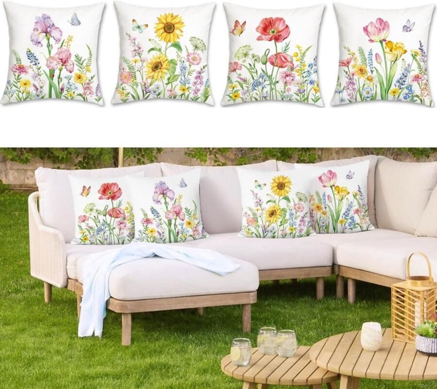 4 stuks Tuinbloemen kussenhoezen Bedrukte kussensloop zacht en comfortabel afneembaar en wasbaar wit geschikt als decoratie voor op de bank in de tuin of op het terras Geen kussenkern