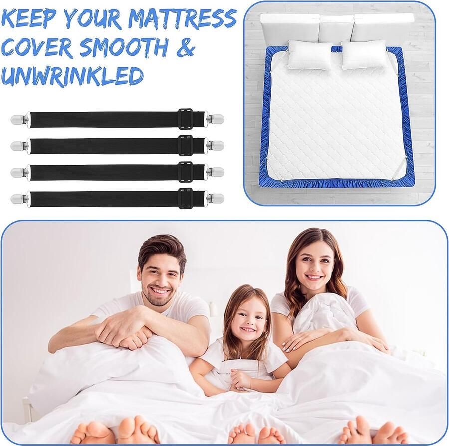 4 stuks verstelbare bandjes voor bedlaken elastische matrasbevestigingsmiddelen bretelgrijpers om laken matras bankkussen vast te houden (zwart)