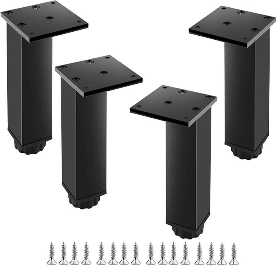 4-stuks Verstelbare metalen meubelpoten Kastpoten Meubelpoten van aluminium Vierkante bureaupoten Hoogte verstelbaar 1-15 mm Met schroeven 35 cm Geschikt voor kasten tafels banken Zwart