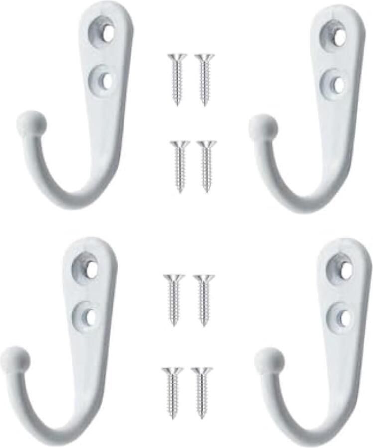 4 stuks wandgemonteerde haken kapstokken retro deur badjas haak voor opknoping handdoek kleding hoed sleutel beker enkele metalen haak doek hanger voor in slaapkamer badkamer keukenkast (met 8 stuks schroeven)-wit
