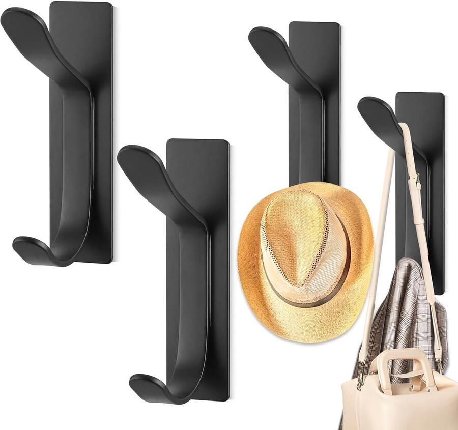 4 stuks Wandgemonteerde Kapstok Zonder Boren Zwart Massieve Wandhaak Zelfklevende Kapstokhaken Roestvrijstalen Handdoekhanger Voor de badkamer Ophanghaken Dubbele Haak ontwerp Kapstok Muur Kapstok Haken Zwart
