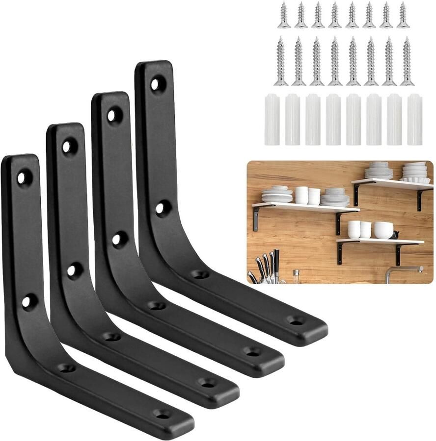 4 stuks wandmontagebeugel zwevende plankbeugel plankdrager L-vormige beugel met schroeven 10x2x10cm (zwart)