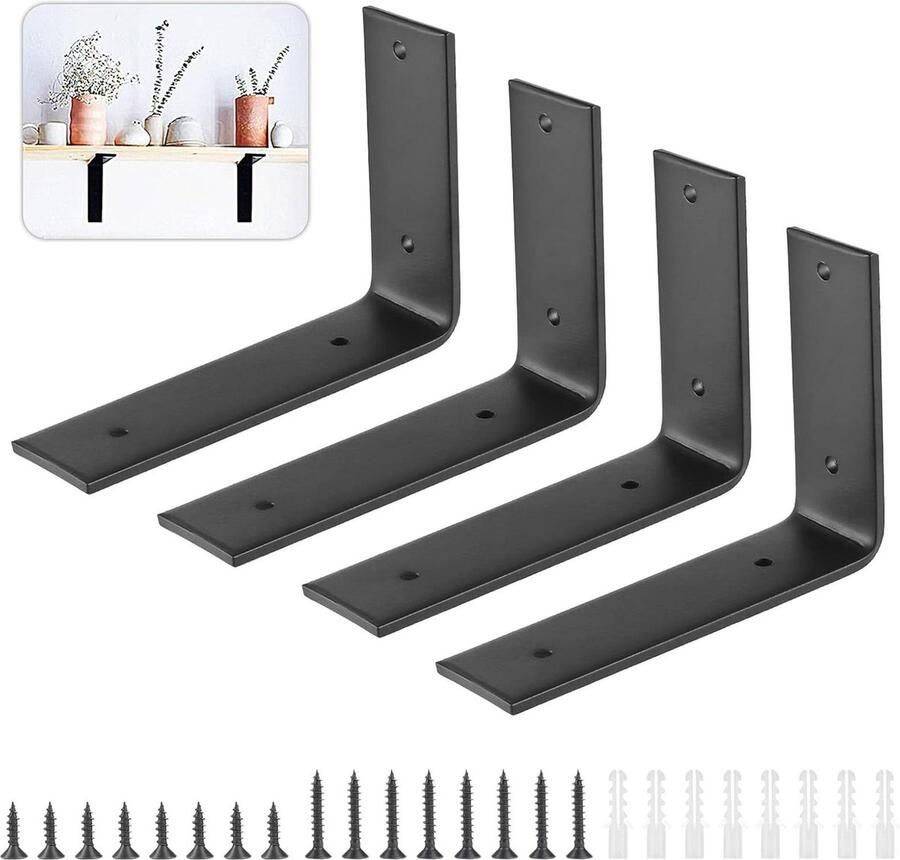 Allecto Plus Set van 4 plankbeugels voor zware belasting Muursteun hoekbeugels L-vormige reksteunen Zwart 195 cm x 15 cm