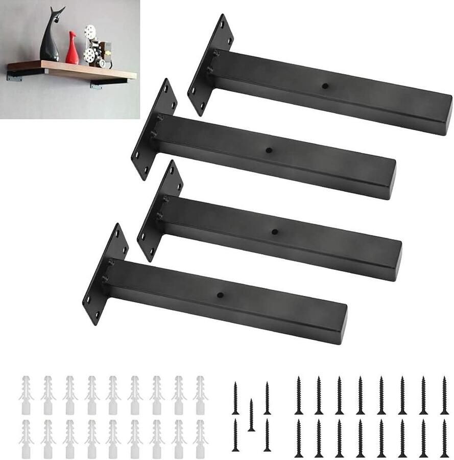 4 stuks zwart ijzeren plankdragers wanddragers zware belasting bevestigingsschroeven studeerkamer woonkamer keuken 20 cm