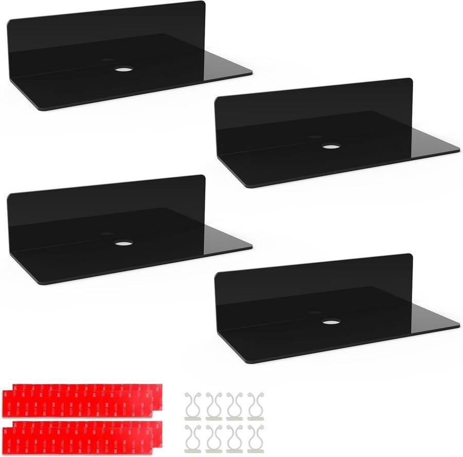 4 stuks zwarte acryl zwevende wandplanken 23 x 95 cm zonder boren met 8 kabelclips displayplank voor kantoor badkamer keuken slaapkamer