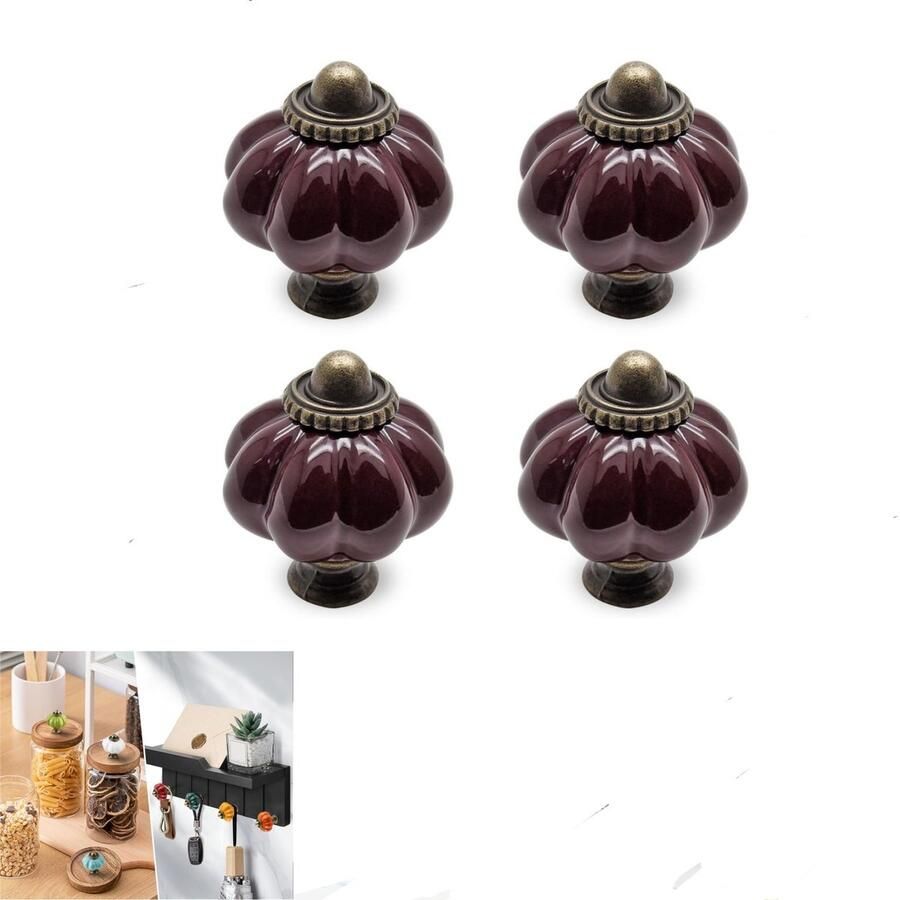 4 stuks—Handgreep Pompoenvormige handgreep met schroef Keramische handgreep Vintage deurgreep Ladegreep Rustieke landelijke handgreep Decoratieve handgreep Geschikt voor keukenkastjes laden dressoirs deuren (paars)
