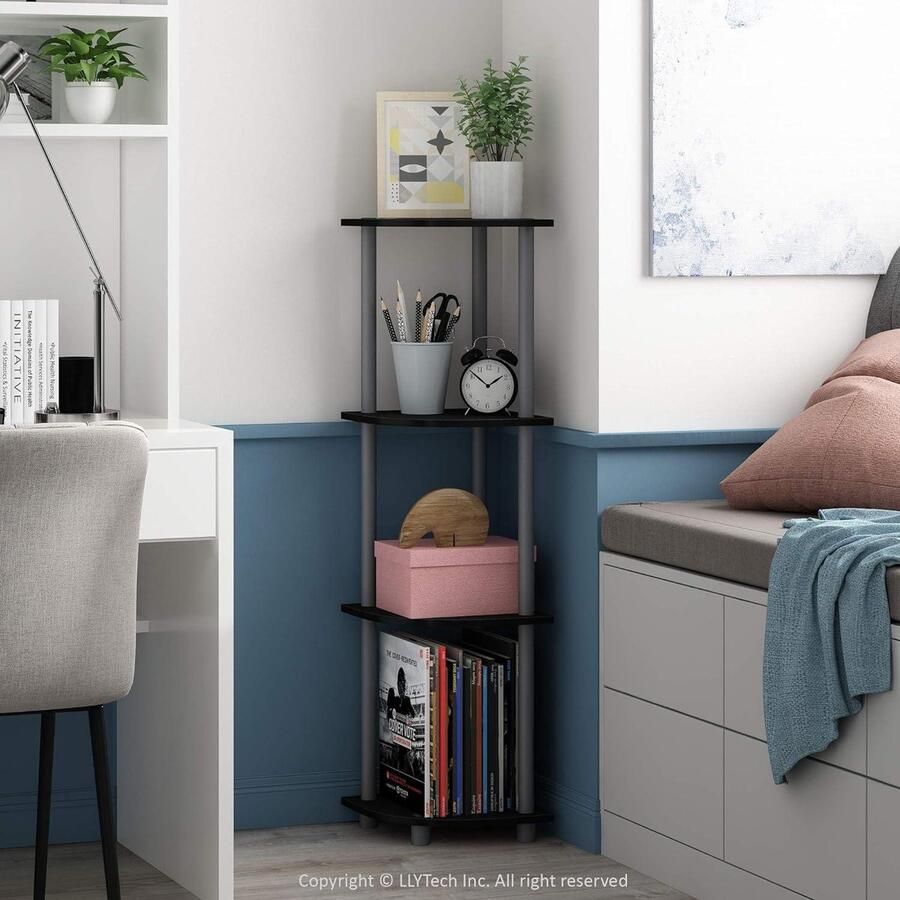 4-Tier Hoek Display Rack Boekenkast Rekken Hout Zwart Grijs Moderne Stijl