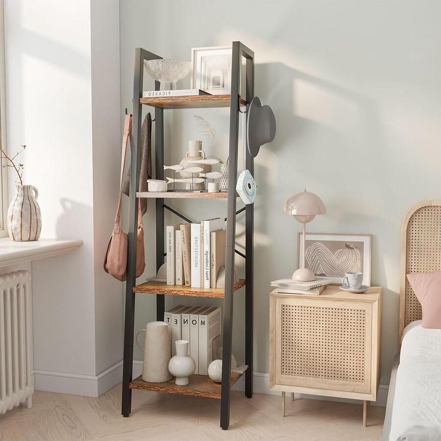4 Tier Ladder Boekenplank Hoogte 125 cm Boekenkast Vrijstaande Opslag Organizer Planken Rekken Unit voor Woonkamer Slaapkamer Keuken Plant Stand Industrieel Rustiek Bruin HBC024H