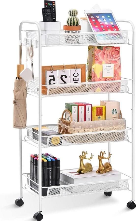 4-Tier Rolling Car Gemakkelijk Monteer Mobiele Opslag Trolley Op Wielen Schuif Uit Utility Cart Rekken Eenheden Keuken Badkamer Wasruimte Wit Opbergkar met Wielen Beside shelf