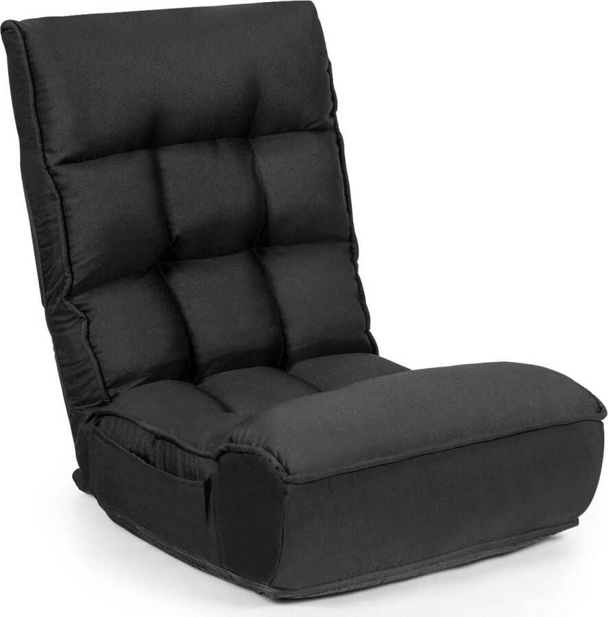 4-traps verstelbare vloerstoel gevoerde vloerbank met 5-traps verstelbaar hoofdeinde en zijvak ergonomische klapstoel vloerstoel tot 140 kg belastbaar (zwart)