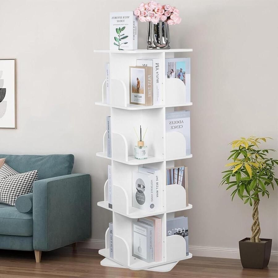 4-verdiepingen draaibaar houten boekenkast 360 graden draairek opbergrek voor boeken CD's en DVD's vierkant opbergrek voor kinderen en volwassenen Boekenkast kind