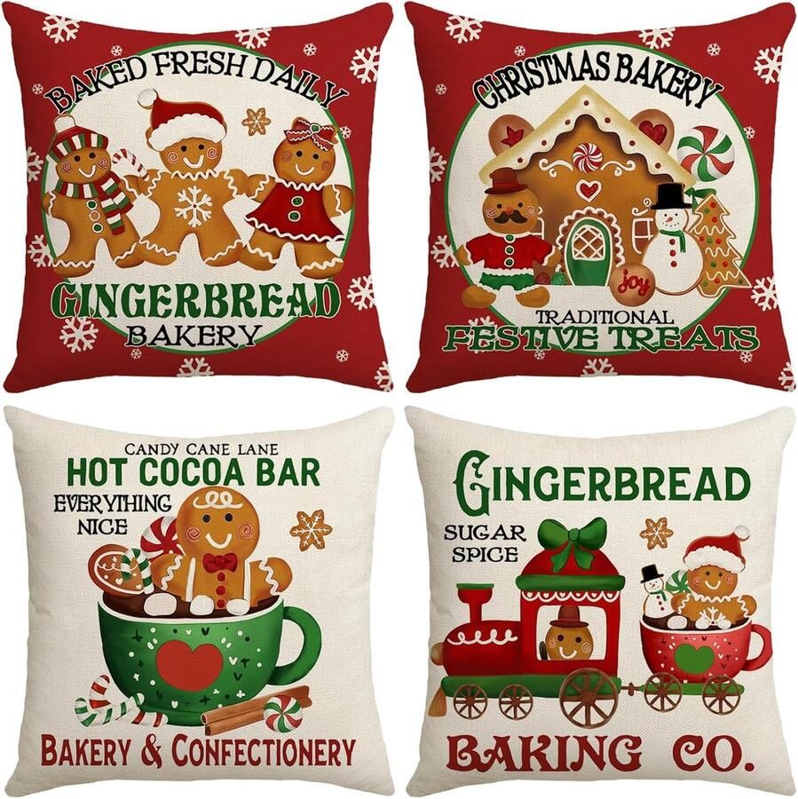 4 vierkante kerstkussenslopen schattige kerst kussenslopen set peperkoek man patroon kerst kussenslopen kerst decoratieve bank kussenslopen 45x45cm