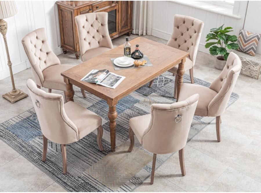 4-voet stoel beige met eetkamerstoel hoge rugleuning met knopstekker frame gemaakt van massief hout beige (set 6 st))