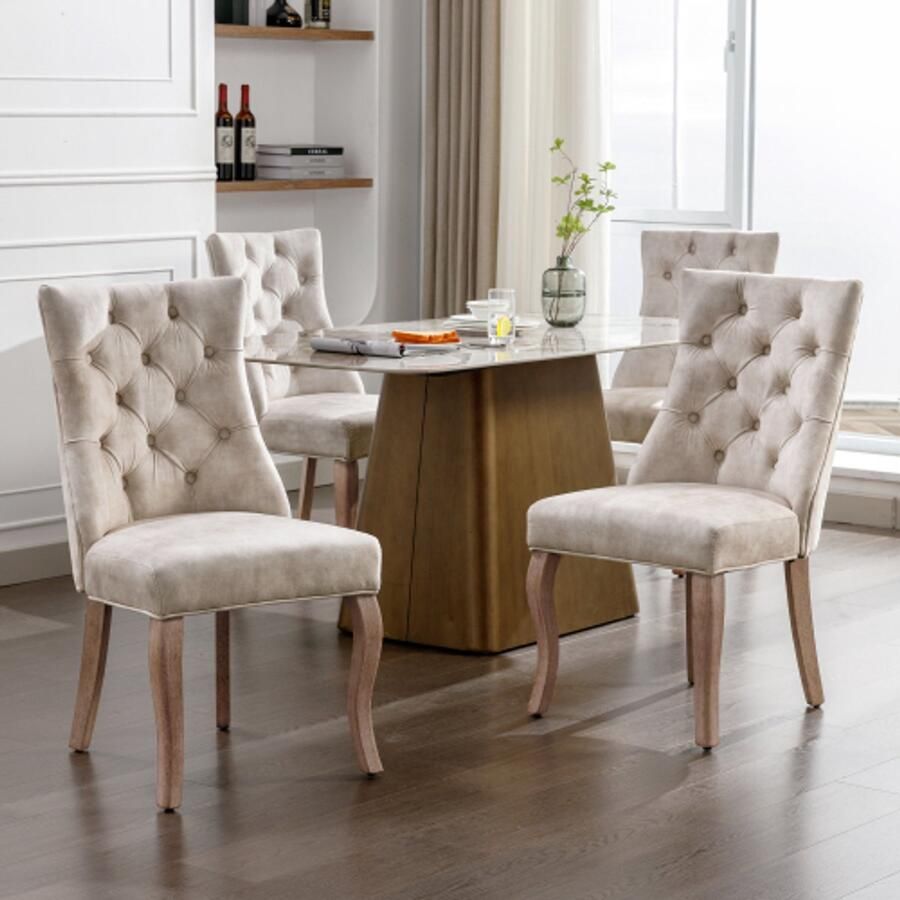 4-voet stoel ontlasting licht beige met eetkamerstoel hoge rugleuning met knopstekker frame gemaakt van massief hout licht beige (set 4 st))