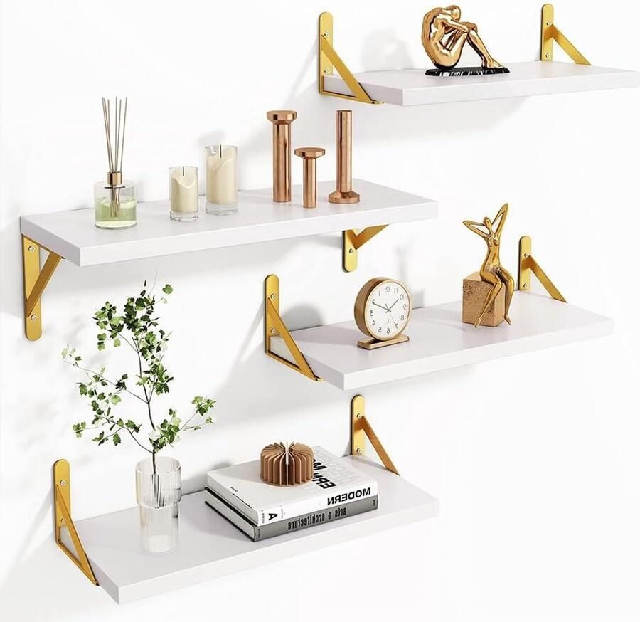 4 White Wooden Wall Shelves with Gold Metal Holders Multifunctional Wall Shelf for Bedroom Living Room Kitchen Bathroom