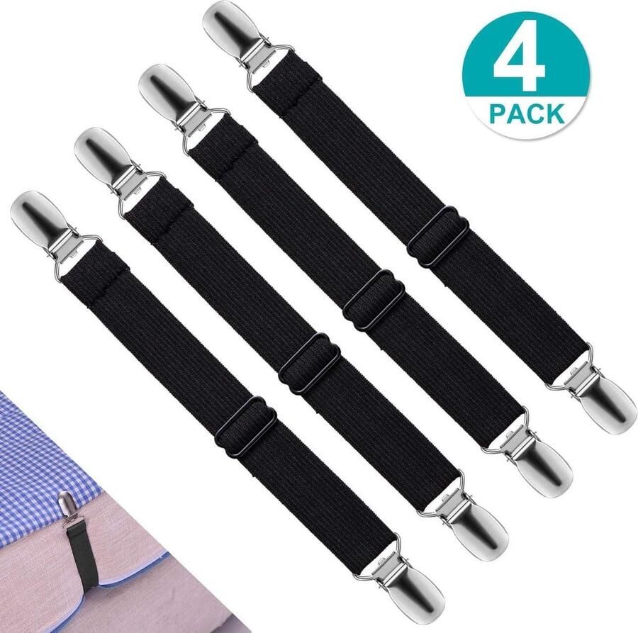 4 x bedlakenspanners bedlakenclips verstelbare beugelspanner strijktafelspanner zwart (herbruikbaar)