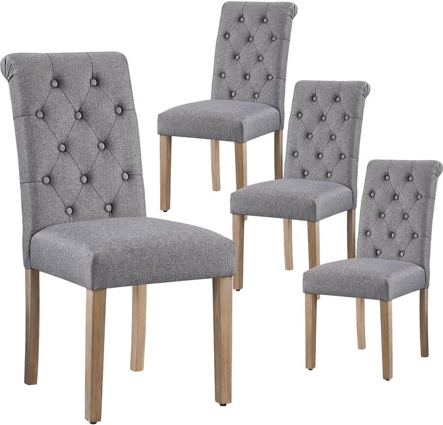 4 x eetkamerstoelen keukenstoel gestoffeerde stoel met hoge rugleuning poten van massief hout gevoerde zitting van linnen donkergrijs