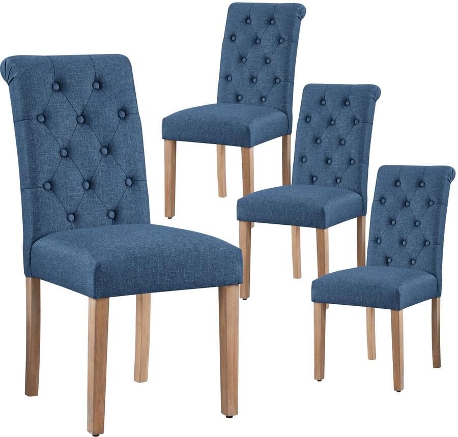 4 x eetkamerstoelen keukenstoel gestoffeerde stoel met hoge rugleuning poten van massief hout gevoerde zitting van linnen blauw