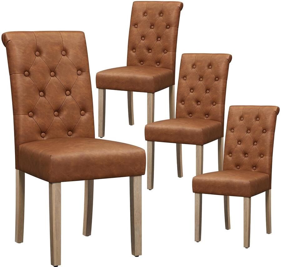 4 x eetkamerstoelen keukenstoel gestoffeerde stoel met hoge rugleuning poten van massief hout gevoerde zitting van kunstleer bruin