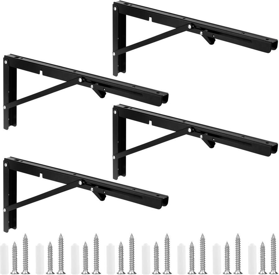4 x Folding Console Heavy Load 400 mm Folding Hinge Heavy Load Folding Console Black Wall Shelf Folding Shelf Corner for Wall Shelves Folding Table Bookcase Max. Load Capacity 50