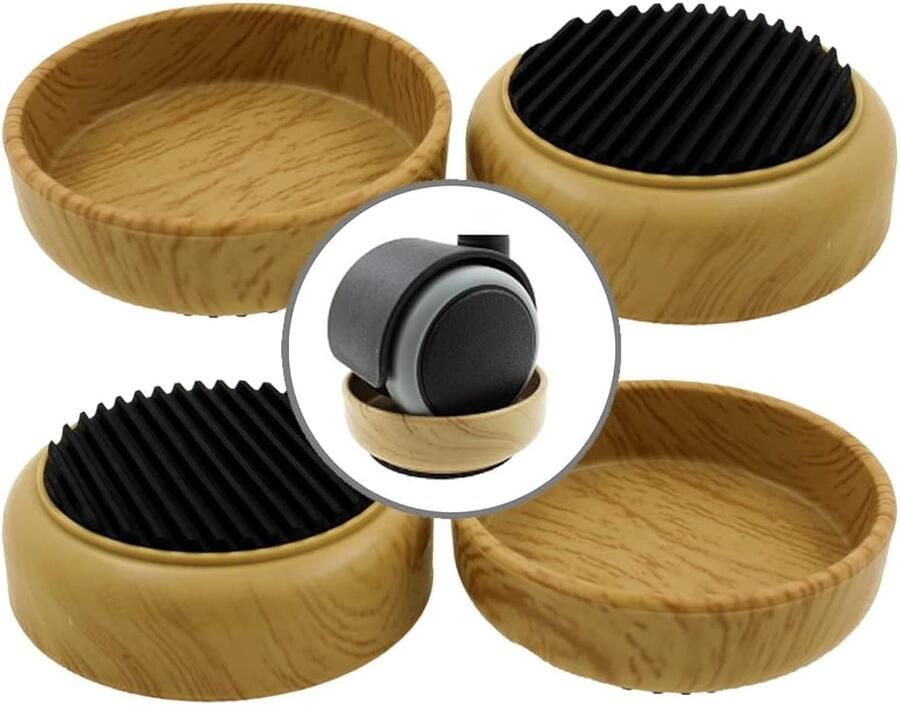 4 x furniture coasters in light wood look with non-slip rubber base Protects floors prevents beds and furniture on wheels from slipping