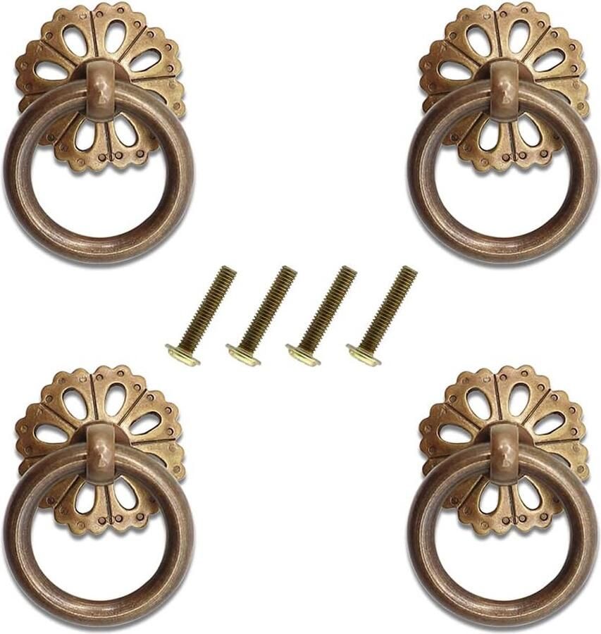 4 x vintage handgrepen meubelknop retro-stijl holle bloemringhandgreep antiek messing handgrepen voor kast ladepoorten kledingkast kast