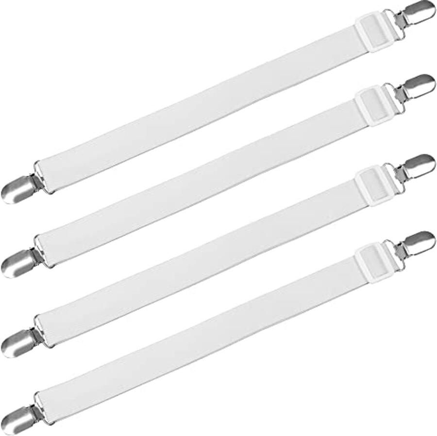 4 x Witte Lakenklemmen voor Platen en Hoezlaken – Verstelbare Elastische Band met Metalen Clip