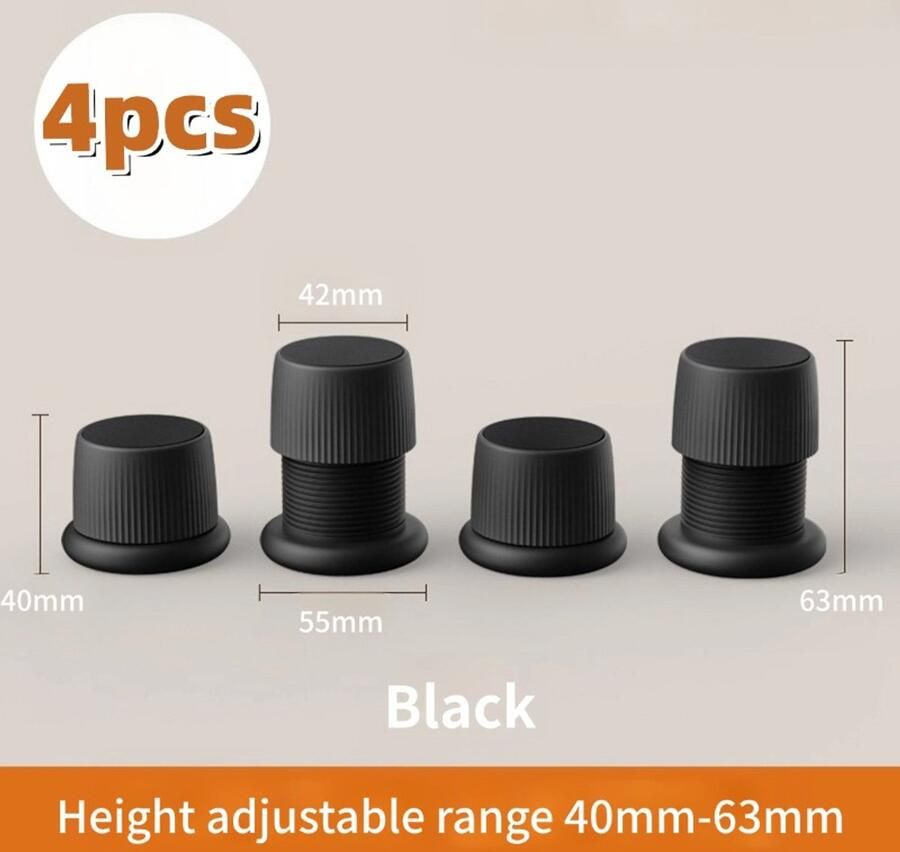 40-63 mm Verstelbare Voetkussens Duurzaam ABS Materiaal Meubel Verhogende Antislip Pads Antislip Bedstop voor Hoofdeinde Geschikt voor Kleine Meubelverhogingen zoals Koelkast Wasmachine Stoel Bureau Poten Koffiemachine Zwart 4-Delig