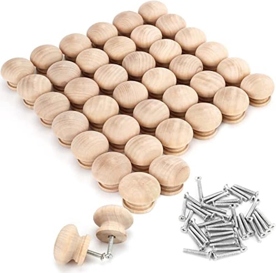40 Stuks Ronde Onbewerkte Houten Knoppen met Schroeven 3.2 x 2.5cm Natuurlijke Berken Knop voor Meubels