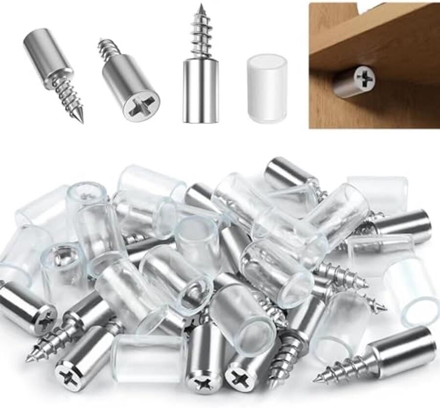40 Stuks Zelftappende Planken met Transparante Pennen Metaal Boekenkast Steun met Rubber Bescherming voor Houten Planken en Kasten