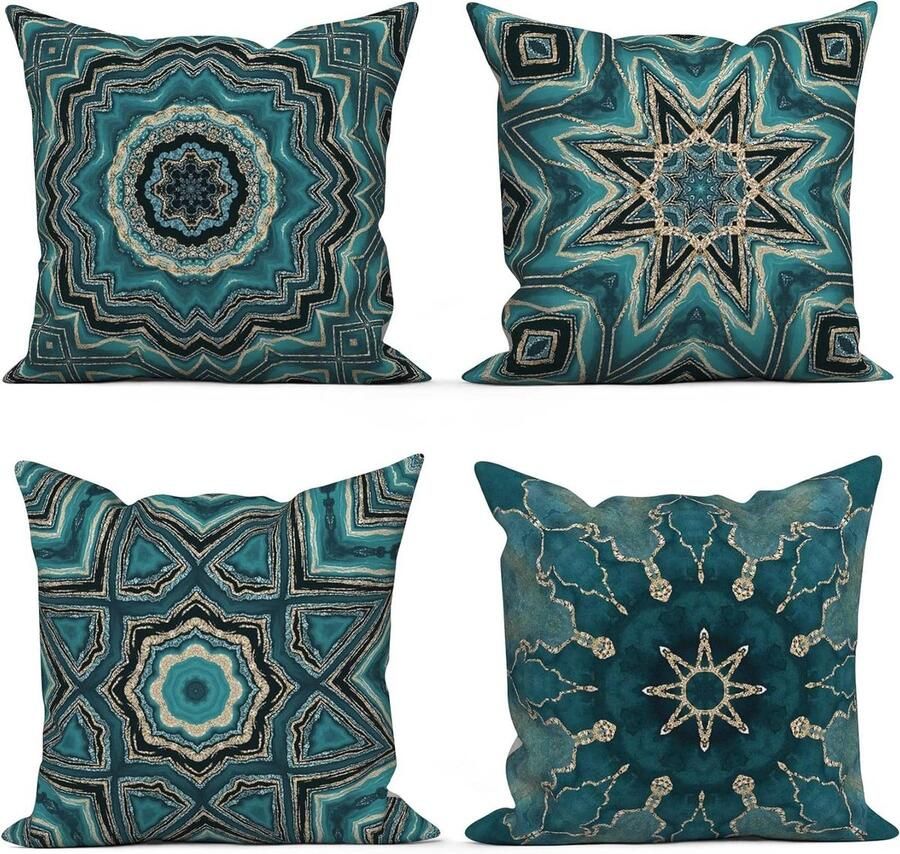 40 x 40 cm set van 4 stuks retro geometrisch patroon blauw goud sierkussen voor bank wasbaar polyester vlas textiel voor outdoor bekleding