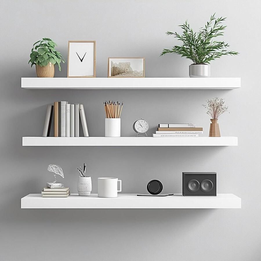 40cm Zwevende Decoratieve Houten Wandplanken Set van 3 voor ruimtes (Wit)