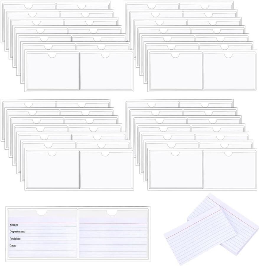 40pcs Zelfklevende Kaartzakken voor 3 x 5 Kaart Index Blad Houder Set Grote Labels Houder voor Opslag Bakken Herbruikbare Plastic Labelhouders Open Top voor Bibliotheek en Thuis met 80