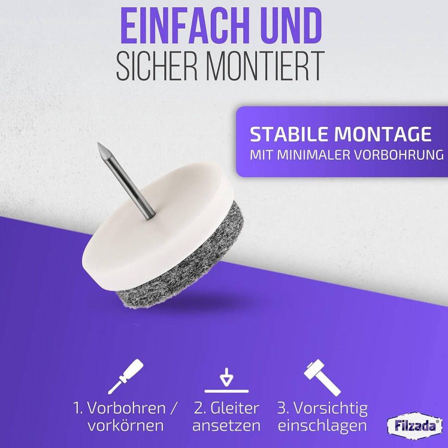 40x viltglijders nagels Ø 24 mm (wit) professionele meubelglijders stoelglijders vilt om te spijkeren