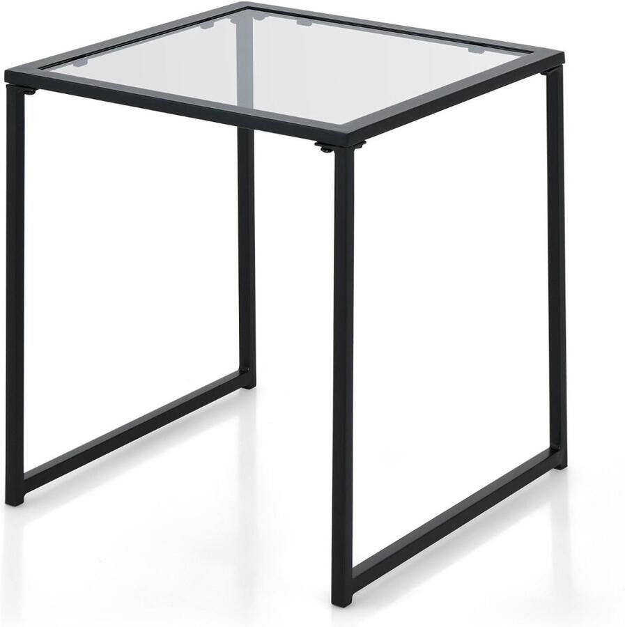 43 cm Vierkante Bijzettafel – Gehard Glas met Metalen Frame Zwart Voor Woonkamer en Buiten