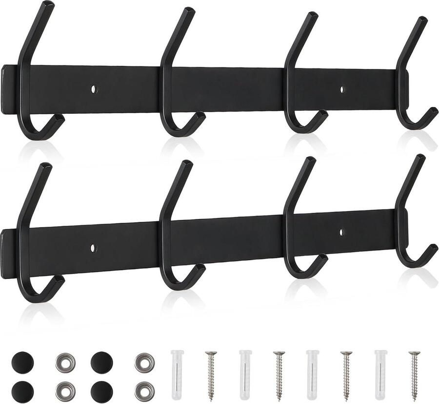 43cm Roestvrij Muur Mount Kapstok met 4 Haken Zwart Gangen Badkamers Slaapkamers Tot 40 kg Belastbaar Set van 2