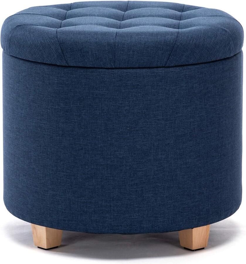 45 cm ronde linnen Ottomaanse opbergkruk met gewatteerde zitting voetenbank poef stoel met deksel Marineblauw