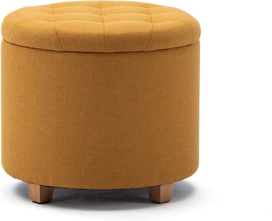 45 cm ronde linnen Ottomaanse opbergkruk met gewatteerde zitting voetenbank poef stoel met deksel (Geel)