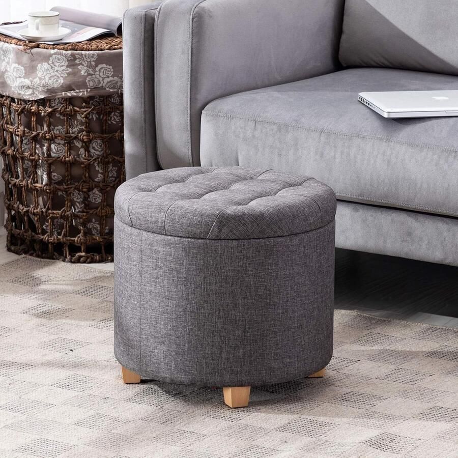 45 cm ronde linnen Ottomaanse opbergkruk met gewatteerde zitting voetenbank poef stoel met deksel (Houtskool)